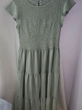 Women's Olive Green Maxi Dress - Smocked Bodice